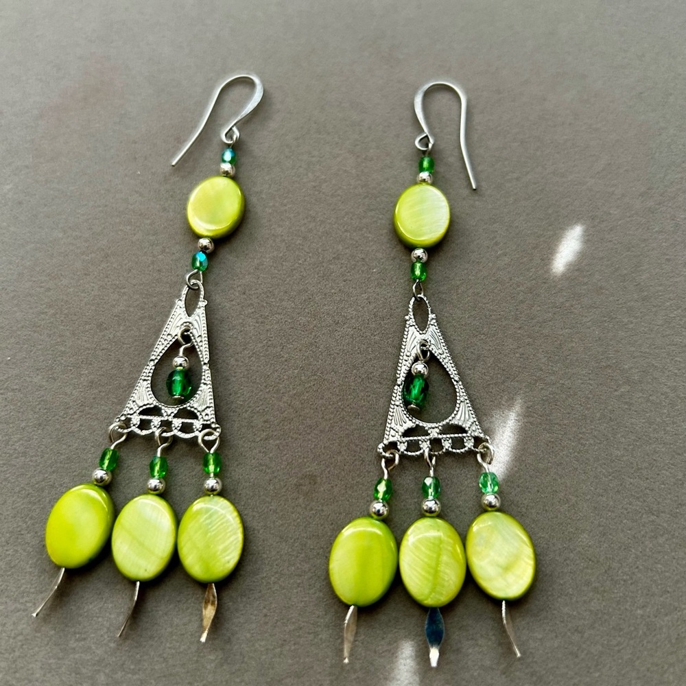 Silver and Green Dangle Earrings
